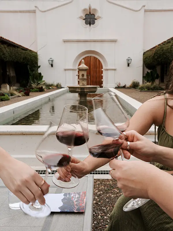 Estate tasting: people toasting with glasses of red wine outdoors
